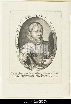 Portrait d'Hugo de Groot à l'âge de 15 ans, Jacques de Gheyn (II), 1599 buste van Hugo de Groot imprimé jeune homme de 15 ans, plus ou moins vu à droite, à Ovaal. Le prodige Hugo de Groot avait déjà fait des études universitaires en 1599 (Dating Print) : lors de son séjour en France en 1598, il a été promu avocat. Le roi Henri IV lui a donné à cette occasion un médaillon qu'il tient dans la main gauche ici. Pour afficher une règle de texte latin, sous Afficher deux lignes de texte latin. Pays-Bas gravure sur papier personnes historiques. personnages historiques. professeur. aspects de la science en général (+ enfant comme sc Banque D'Images