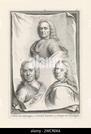 Portraits d'Elias van Nijmegen, Gerard Sanders et Dionys van Nijmegen, Pieter Tanjé, d'après Gerard Sanders, 1751 impression de trois portraits numérotés des peintres Elias van Nijmegen, Gerard Sanders et Dionys van Nijmegen. En bas à gauche une palette et des pinceaux. Au milieu du haut : M. Amsterdam papier gravure / gravure portrait, autoportrait de l'artiste Banque D'Images