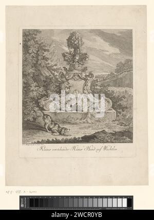 Un portholy et deux cailles dans un paysage avec une fontaine, Johann Elias Ridinger, 1708 - 1767 print Augsbourg papier gravure des chiens de chasse. Paysages - HH - paysages idéaux. marcheur et coureur (avec NOM). fontaine ornementale Banque D'Images
