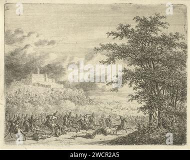 Combat équestre au fort Königstein, Gerardus Emaus de Micault, 1813 - 1863 imprimer Une bataille avec des cavaliers se déroule dans une plaine avec fête des arbres. Sur une colline en arrière-plan le fort Königstein. Pays-Bas papier gravure guerre ; affaires militaires (+ cavalerie, cavaliers) Banque D'Images