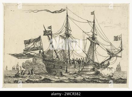 Arrivée d'un navire anglais, Reinier Nooms, 1650 - 1664 imprimer arrivée d'un grand voilier anglais, des coups de salut sont tirés. Bateau à voile de gravure de papier néerlandais, bateau à voile. saluant Banque D'Images