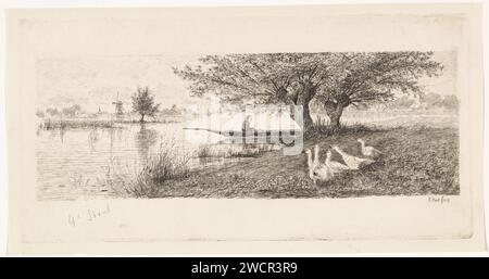 Paysage fluvial avec un homme dans un bateau et des oies sur la rive, Elias Stark, 1887 impression sur une rivière un homme dans un bateau à deux saules pollard. Sur la droite sur les oies de la banque. Un moulin à gauche à l'horizon. Rivière de gravure de papier Nieuwer-Amstel. arbres : saule. bateau à rames, canoë, etc. oiseaux aquatiques : oie Banque D'Images