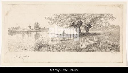 Paysage fluvial avec un homme dans un bateau et des oies sur la rive, Elias Stark, 1887 impression sur une rivière un homme dans un bateau à deux saules pollard. Sur la droite sur les oies de la banque. Un moulin à gauche à l'horizon. Rivière de gravure de papier Nieuwer-Amstel. arbres : saule. bateau à rames, canoë, etc. oiseaux aquatiques : oie Banque D'Images