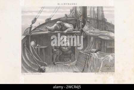 Câliner les enfants à Kajuit, Hendrik D. Jzn Sluyter, après hein Burgers, 1867 - 1868 imprimer Une fille épluche des pommes de terre dans la cabine d'un bateau de pêche. Un garçon de pêcheur est assis à côté d'elle avec son bras autour d'elle, sa tête près de la sienne. Il était occupé à enliser les filets. Un homme est allongé sur le ventre sur le pont et jette un coup d'œil à la prise de deux. Amsterdam gravure sur acier papier / gravure de pièces de l'intérieur du navire. pêcheur. s'embrassant, s'embrassant. des amoureux espionnés. fabrication de filets de pêche. pommes de terre Banque D'Images
