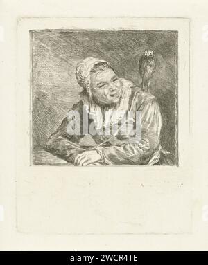 Malle Babbe, Louis Bernard Coclers, d'après Frans Hals, 1756 - 1817 tirage Portrait buste d'une vieille femme souriante avec une casquette et un col blancs. Il y a un hibou sur son épaule. sorcière à pointe sèche inconnue, sorcière. hiboux Banque D'Images