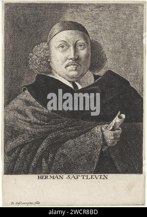 Parette Van Herman Safelven, Herman SOUTLEGUVES, D'APRÈS DUK SUGKLEVEN, 1660 imprimer le peintre, graveur et dessinateur hollandais Herman Saftleven avec un rouleau de papier à la main. papier drypoint / portrait de gravure, autoportrait de peintre Banque D'Images