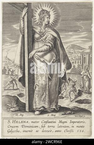 Sainte Hélène, Michael Snijders, 1610 - 1672 imprimer la Sainte Hélène, debout près de la croix. En arrière-plan, vous pouvez voir comment elle regarde comment les ouvriers avec des bêches cherchent la croix dans le sol. Au bas de l'estampe est appelé le jour de son nom août 18 et la date de la Sainte Croix -Finding (3 mai). Une brève explication en latin sur sa relation familiale avec l'empereur Constantijn le Grand et son rôle dans la découverte de la croix sur le Golgotha en l'an 326. Anvers gravure sur papier impératrice Hélène, mère de Constantin le Grand ; attributs possibles : modèle d'église, couronne (royale), couronne d'épine Banque D'Images