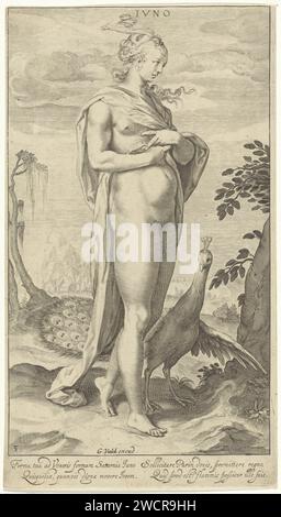 Juno avec Pauw, Willem Isaacsz. Van Swanenburg, d'après Michiel Jansz van Mierevelt, 1670 - 1726 imprimer Juno se tient près d'un arbre. Un paon est représenté à côté d'elle. Il y a un village au loin. Sous la représentation se trouve un texte latin de quatre lignes avec une description de la promesse de Juno à Paris. Imprimeur : Leidenafter design by : Delft (possiblement)éditeur : Amsterdam gravure sur papier le jugement de Paris (Mercure présent). (Histoire de) Juno (Hera). oiseaux d'ornement : paon Banque D'Images