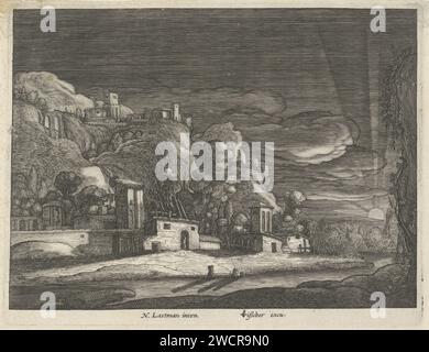 Vue de Bethania, Anonyme, d'après Nicolaes Lastman, 1601 - 1652 imprimer vue du village de Bethania, le seul endroit sur terre où le Christ était le bienvenu. Sur la gauche se trouvent des maisons sur et au pied d'une colline, sur la droite un soleil couchant. Amsterdam papier gravure / gravure (haute) colline - HH - paysages idéaux. coucher de soleil. Repas à Béthanie (à la maison de Simon le Lépreux) (Matthieu 26:6-13, Marc 14:3-9, Jean 12:1-11) Banque D'Images