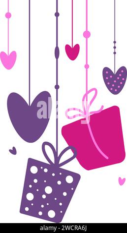 Vector Hanging boîtes-cadeaux et coeurs par Saint-Valentin. Fond avec des éléments mignons. Illustration de style plat. Pour carte de voeux, logo, vente, produ Illustration de Vecteur
