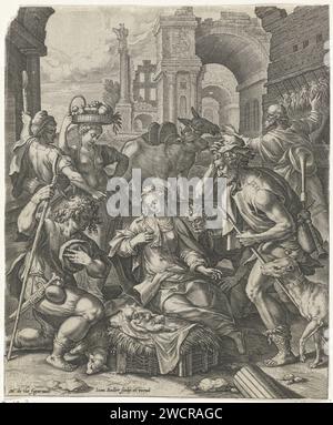 Adoration de de Herders, Johann Sadeler (I), d'après Maerten de vos, 1582 - 1584 imprimer les bergers visitent l'écurie et saluent l'enfant Christ dans la crèche. Une ruine antique en arrière-plan. L'impression fait partie d'une série en cinq parties. Anversois gravure sur papier adoration du Christ-enfant par les bergers ; Marie et Joseph présents Banque D'Images