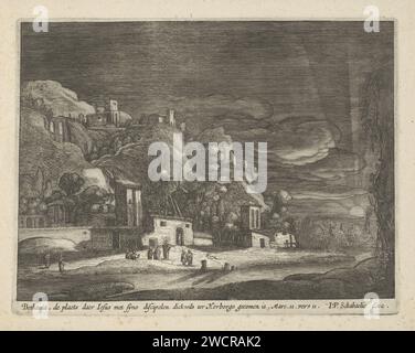 Vue de Bethania, Anonyme, d'après Nicolaes Lastman, 1654 imprimer vue du village de Bethania, le seul endroit sur terre où le Christ était le bienvenu. Sur la gauche se trouvent des maisons sur et au pied d'une colline, sur la droite un soleil couchant. Christ est au premier plan avec ses disciples. Gravure sur papier / gravure (haute) colline - HH - paysages idéaux. coucher de soleil. Repas à Béthanie (à la maison de Simon le Lépreux) (Matthieu 26:6-13, Marc 14:3-9, Jean 12:1-11) Banque D'Images