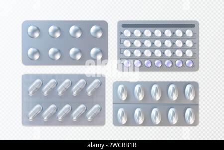 Ensemble 3D de maquettes de blister de pilule isolé sur fond transparent. Vector illustration réaliste des emballages en aluminium avec des comprimés et des capsules, prescription de thérapie médicale, produits pharmaceutiques Illustration de Vecteur