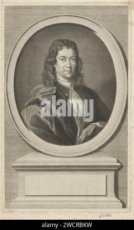 Portrait de Peter Kolb, Jacob Houbraken, 1708 - 1780 buste imprimé à droite de Peter Kolb dans un ovale avec bord en néerlandais. Le portrait repose sur une écurie perçante. Amsterdam gravure sur papier / stylo Banque D'Images