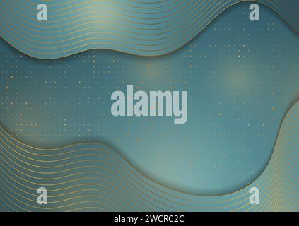 Lignes ondulées dorées brillantes et des points sur fond bleu. Design vectoriel de luxe pailleté Illustration de Vecteur
