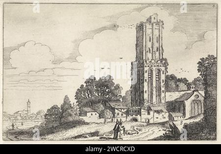 Paysage avec tour d'église délabrée, Jan van de Velde (II), 1616 estampes clergé sur un chemin près d'une tour d'église délabrée. Laissé en arrière-plan un village. Huitième tirage de la quatrième partie d'une série d'un total de soixante tirages avec des paysages, répartis sur cinq parties de douze tirages chacune. Église de gravure sur papier du nord des pays-Bas (extérieur). moine(s), frère(s). paysage avec ruines Banque D'Images