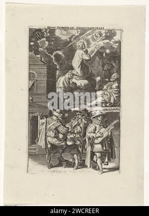 Christ dans la Cour de Getsémani et Musicing courts, Pieter de Jode (I), après Nicolaas van der Horst, 1630 print comme exemple de vertu et de fermeté, Christ est représenté, priant dans le Hof de Getsémani. Peter, John et Jakobus dorment autour de lui. Un ange avec un calice apparaît du ciel. Au premier plan, quatre courtises de musiciens, pour qui cet exemple est destiné. En haut à gauche un blason d'un canon. L'impression a un top en néerlandais. Impression d'une édition de livre dans laquelle une scène de la vie du Christ est toujours confrontée à une situation mondaine. Anvers gravure sur papier / gravure du Christ Banque D'Images
