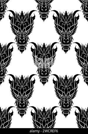 Modèle sans couture de vecteur avec dragons de silhouette noirs sur fond blanc. Texture fantaisie avec des têtes de wyvern en rangée pour papier peint, papier d'emballage. Illustration de Vecteur