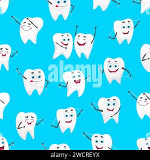 Personnage de dent de dessin animé avec motif sans couture de fil dentaire, fond vectoriel. Modèle de clinique dentaire avec des dents blanches saines sourire heureux et nettoyage avec du fil dentaire pour les enfants arrière-plan de dentisterie Illustration de Vecteur