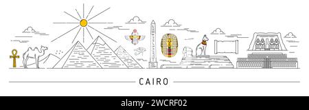 Silhouette égyptienne, Caire et autres monuments de voyage égyptiens. Vector Skyline, pyramides de ligne mince dans le paysage désertique de l'Afrique. Contour Sphinx monument, rouleau de papyrus, chat noir pharaon, ankh et chameau Illustration de Vecteur