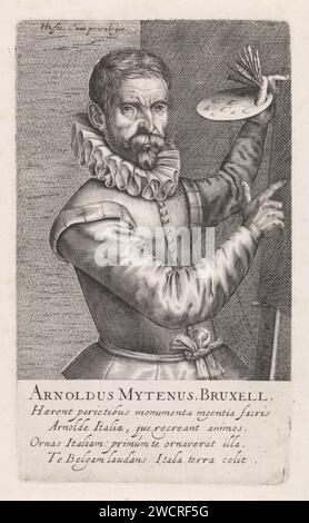 Portrait d'Arnold Mytens, Hendrick Hondius (I), 1610 tirage Portrait en deux à droite d'Arnold Mytens. Sous le portrait se trouvent le nom et quatre règles en latin. Tirage de la partie 2 de l'aliquot Pictorum Celebrium Praecipuae Germaniae Inferioris effigies. Série de 72 portraits d'artistes réalisés par Hendrick Hondius I, Simon Frisius, Andries Jacobsz. Stock et Robert de Baudous. Portrait gravure papier de la Haye, autoportrait du peintre Banque D'Images