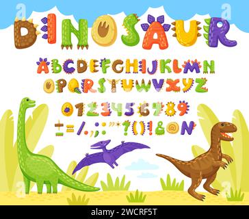 Police de dessin animé dino, type de dinosaure ou police de reptile drôle avec l'alphabet anglais des animaux, vecteur ABC. Type de police dinosaure ou reptiles Jurassique enfants avec lettres dino et alphabet de police dinosaure Illustration de Vecteur