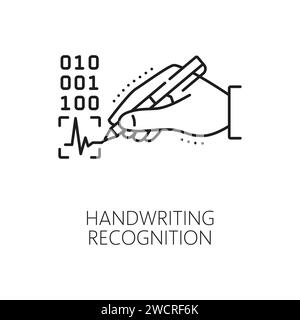 Icône d'identification, de reconnaissance et de vérification biométriques manuscrites. Identification sécurisée de signature, icône de vecteur de contour de vérification biométrique d'identité avec stylo dans le code binaire d'écriture de main humaine Illustration de Vecteur