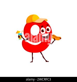 Dessin animé drôle mathématique numéro neuf personnage appréciant la nourriture de rue et la boisson. Vecteur isolé Digit 9 Personage porter une casquette d'été, tenant hot dog et verre avec du jus, prêt pour les jeux éducatifs ou les cours Illustration de Vecteur