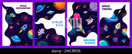 Affiches spatiales avec vaisseau spatial de dessin animé et vaisseau spatial, astronautes enfants et OVNI extraterrestre, fond vectoriel. Galaxy planètes et étoiles, homme de l'espace enfant sur vaisseau spatial fusée avec comètes et astéroïdes dans le ciel étoilé Illustration de Vecteur