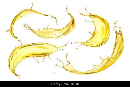 Éclaboussures de bière jaune, d'huile ou de jus. Tourbillon de boisson liquide réaliste, vague transparente ou écoulement de boisson avec des gouttes d'or. Vector 3d huile de cuisson, carburant ou lubrifiant moteur renversements, gouttelettes dorées et bulles Illustration de Vecteur