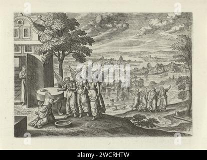 Paysage avec Abraham et de Drie Engelen, Julius Goltzius, d'après Hans bol, v. 1560 - 1595 print Abraham s'agenouille pour les trois anges et les accueille dans sa maison. Sara est dans la porte de la maison. En arrière-plan, Abraham conduit les anges à Sodome. La ville de Sodome au loin. L'estampe fait partie d'une série de paysages en quatre parties avec des scènes de l'ancien et du Nouveau Testament. Anvers gravure sur papier Abraham s'agenouille devant les anges. Abraham accompagnant les anges qui partent. périphérie de la ville Banque D'Images