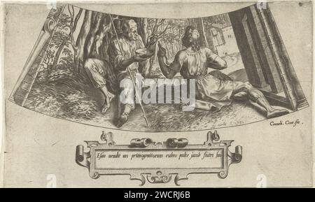 Esau vend son premier droit de naissance, Cornelis Cort, d'après Frans Floris (I), après 1563 - avant c. 1601 imprimer ornement pour un bord plat. Moitié supérieure : Jakob et Esau sont assis sur le sol devant une maison. Esau mange son assiette de soupe de lentilles, avec laquelle il vend sa première loi de naissance à son frère Jakob. Légende en latin dans cartouche. Imprimeur : inconnu éditeur : Anvers gravure sur papier naissance des jumeaux : Jacob embraye le talon d'Esau. ornement  cartouche. berceau, berceau Banque D'Images