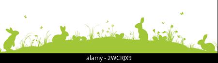 illustration panoramique vecteur eps pour le temps de pâques, fond vert frais heureux avec silhouette de lapins avec oeufs, herbe, différentes fleurs. Ressort Illustration de Vecteur