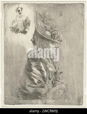Feuille d'étude avec le portrait d'une jeune femme avec chapeau et deux portraits plus petits, Louis Bernard Coclers, 1756 - 1871 print feuille d'étude avec trois études de tête. Au milieu, le portrait d'une jeune femme avec un chapeau frappant. En haut à gauche deux portraits plus petits d'une femme avec un chapeau et des lunettes pressées et d'un homme avec un chapeau. Inconnu gravure de papier / Drypoint anonyme personne historique représentée - BB - femme Banque D'Images