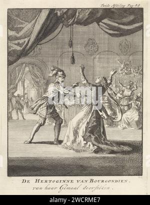 Meurtre de la duchesse de Bourgogne, Jan Luyken, 1699 estampe lors d'une fête dans une salle de bal, la duchesse de Bourgogne est assassinée par son mari avec un poignard. Amsterdam papier gravure féodal lord - BB - règle féminine. seigneur féodal. mort violente par poignard, couteau. meurtre. Bal, danse formelle Bourgogne Banque D'Images
