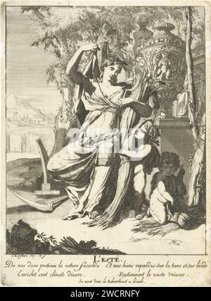 Zomer, Caspar Luyken, 1698 - 1708 imprimer Jeune femme avec une gerbe de maïs dans les bras, sur le sol est une faucille. A elle, à la droite de ses enfants, lie Korenschoven. Dans la marge un verset français de quatre lignes sur l'été. L'estampe fait partie d'une série en quatre parties avec des performances des quatre saisons. Gravure de papier été, 'été' ; 'Estate' (Ripa) Banque D'Images