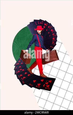 Poster de collage créatif vertical marchant jeune homme riche réussi portant des porte-documents de nombreuses cartes combinaison gagnant de fortune Banque D'Images