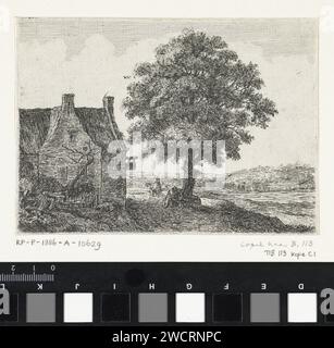 Grand Lindeboom pour une auberge, Anonyme, après Anthonie Waterloo, 1630 - 1740 imprimer Une route de campagne mène à une auberge. Il y a quelques voyageurs devant l'auberge. À droite du chemin se trouve un grand tilleul. Amsterdam (peut-être) gravure de papier paysages. route, chemin. arbres : linden. auberge, café, maison publique, etc. 'en route', voyageur en route Banque D'Images