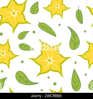 Motif sans couture d'été Carambole dans un style minimaliste. Fruits exotiques tropicaux, feuilles. Nourriture saine. Pour le menu, café, papier peint, tissu, emballage bac Illustration de Vecteur