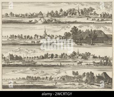 Vue d'Amstelveen, Sloten, Sloterdijk et Osdorp, Jan Luyken, 1693 - 1726 impression de quatre visages dans des endroits autour d'Amsterdam, de haut en bas : Amstelveen, Sloten, Sloterdijk et Osdorp. Amsterdam papier gravure perspective du village, silhouette du village Amstelveen. Serrures. Sloterdijk. Osdorp Banque D'Images