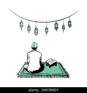 Illustration dessinée à la main d'un musulman priant en prostration. Un musulman en prostration avec une casquette sur la tête, pour le concept du mois Ramadan Kareem. Main Illustration de Vecteur