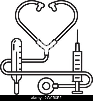 Icône de ligne vectorielle stéthoscope, thermomètre et seringue pour la Journée des médecins le 30 mars. Symbole des tzools médicaux. Illustration de Vecteur