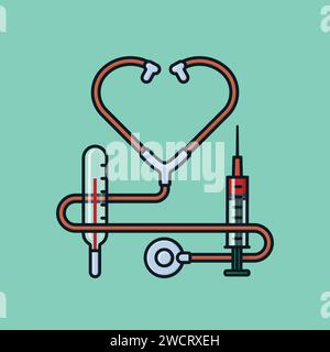 Illustration vectorielle stéthoscope, thermomètre et seringue pour la Journée des médecins le 30 mars. Symbole des tzools médicaux. Illustration de Vecteur