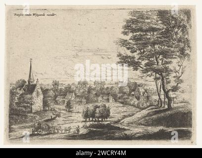 Vue d'un village avec un wagon couvert, Lucas van Uden, 1605 - 1673 imprimer Village avec une église et un wagon couvert tiré par trois chevaux. Village de gravure / gravure sur papier des pays bas. wagon couvert, wagon à capuchon Banque D'Images