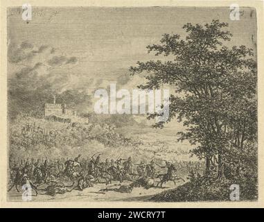 Combat équestre au fort Königstein, Gerardus Emaus de Micault, 1813 - 1863 imprimer Une bataille avec des cavaliers se déroule dans une plaine avec fête des arbres. Sur une colline en arrière-plan le fort Königstein. Pays-Bas papier gravure guerre ; affaires militaires (+ cavalerie, cavaliers) Banque D'Images