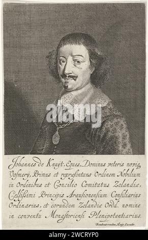 Portrait de Johan de Knuyt, Pieter Nolpe, 1644 - 1664 tirage Portrait de Johan de Knuyt, vêtu d'une veste avec un col en dentelle. Un pendentif est accroché à une chaîne autour de son cou. Buste vers la gauche. Au bas de la marge, un texte de six lignes en latin. Amsterdam gravure sur papier / gravure Banque D'Images