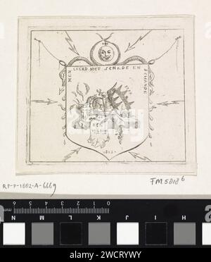 Armoiries avec des couronnes cassées et une bannière déchirée du Rijnbond, Hermanus Fock, 1813 print Cartoon sur la désintégration du Rijnbond (une confédération d'États vassaux du premier empire français) après la défaite des troupes françaises à la bataille de Leipzig en 1813. Les Kronen, symboles de l'Association du Rhin, sont accordés par des rats. Une bannière déchirée de l'association rhénane se trouve à côté d'un oiseau mort et d'un sac de pièces de monnaie. Avec le texte "les gens apprennent avec le dommage et la honte". Les armoiries de gravure de papier néerlandais (comme symbole de l'état, etc.) Banque D'Images