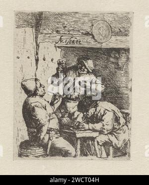 Deux fumeurs et buveur dans l'auberge, Adriaen van Ostade, 1644 - 1648 imprimer trois hommes s'amusent à l'intérieur d'une auberge, deux hommes sont assis à la table, tous deux avec une pipe à la main, un autre homme se tient debout avec une tasse à boire surélevée devant la cheminée. Haarlem papier gravure inn, café, maison publique, etc. boire. pipe  tabac Banque D'Images
