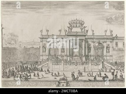 Autel du Saint Sacrement, Stefano della Bella, c. 1648 impression à gauche une procession dans laquelle le Saint sacrement est porté sous un auvent, suivie par le jeune roi Louis XIV et sa mère Anne d'Autriche. La procession mène à un grand bâtiment avec trois arches, avec un autel sous l'arche centrale et au sommet d'une grande couronne portée par des anges. En plus de la structure, une foule de spectateurs agenouillés pour des tapisseries (aux tapisseries de Rafael au Vatican). Texte en français et armoiries dans la marge inférieure. Procession de gravure de papier  religion chrétienne. altar. les sacramentalités Banque D'Images