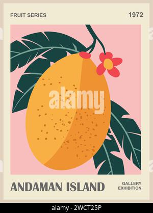 Affiche rétro abstraite du marché des fruits avec mangue. Illustration de Vecteur